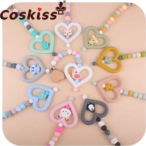 Coskiss Beech Wooden Love Clip Chain Wood Beads Baby Teether Soother Silicone Heart Molar And Ainmal Beads Pacifier Chain