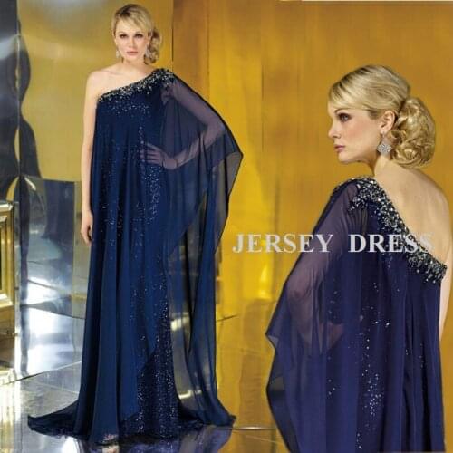 فستان سهرة Abendkleider Dark navy blue One Shoulder Long Sleeve Vestidos Formales Evening Party gown mother of the bride dresses
