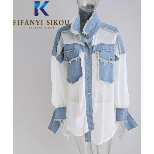 Denim Spliced Women Shirt Jacket Pocket Lapel Long Sleeve Fashion Patchwork Chiffon Shirts Coat Spring Womens Loose Long Shirt