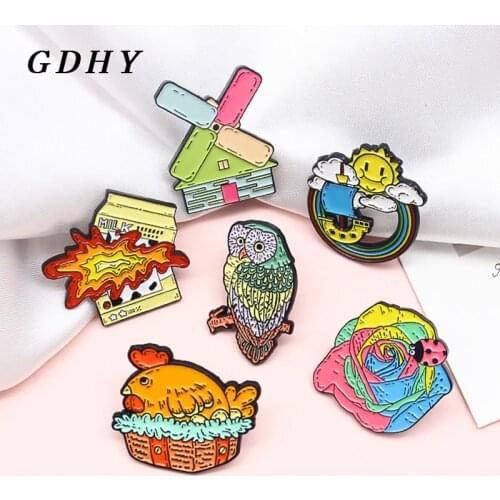 GDHY Cartoon Rainbow Rose Enamel Pin Owl Hen Blast milk windmill Insect Ladybug Brooches Bag Spille Badge Jewelry Gift Kids