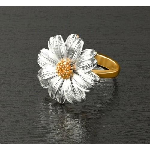Huitan Fashion Sunflower Shape Finger Ring for Women Inlaid Orange CZ Romantic Dance Party Girl Ring Stylish Flower Accessories