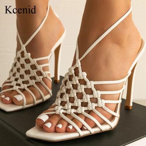Kcenid Handmade Design Weave Hollow Stiletto Heel Sandals Sexy Summer High Heels Ladies Sandals Cross-tied Open Toe Shoes