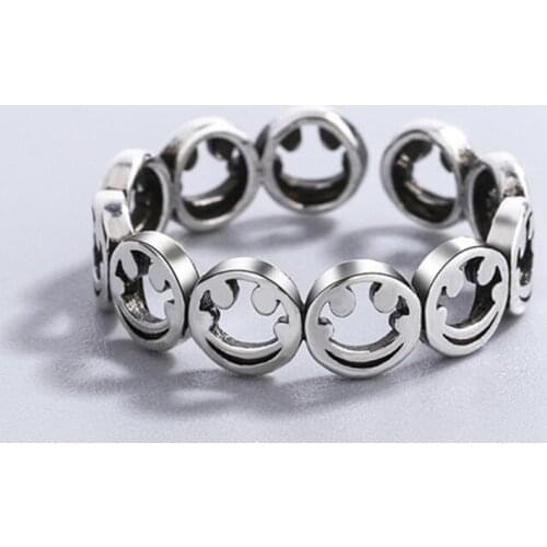 2021 Vintage Ancient Silver Color Happy Smiling Face Open Rings for Women Men Unisex Hip Hop Adjustable Ring Fashion Jewelry