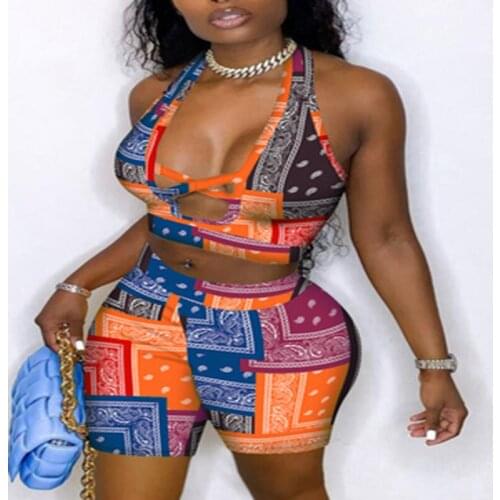 Ladies Suit New Style Cashew Print Exposed Navel Sexy Hollow Cross Halter Top Shorts Two-Piece Fashion Stitching Vestidos Demuje