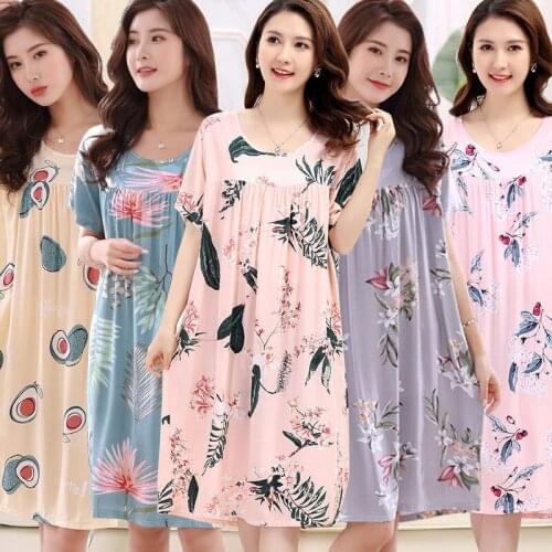 Summer Cotton Pajamas Womens Silk Middle-aged Elderly Plus Fertilizer Home Service Plus Size Flower Print Long Nightdress