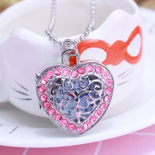 Hot New Children Girls Personality Flip Hollow-Out Quartz Pocket Heart-Shape Diamond Rhinestone Fob Watches Necklace Clock