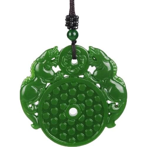 Men Necklace Pendant Green Nephrite Hollow Antique Double PIXIU Donuts Safety Button Pendant for Female Fashion Jewelry
