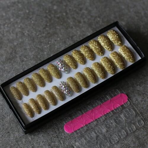 Stiletto Full crystal Art wedding nails coffee Glitter powder false nails 26pcs fake nails