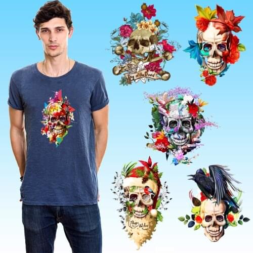 Colorful skull Flowers Birds Cheap Stickers on Clothes Garment Accessories Washable Ironing stickers Patches for clothing