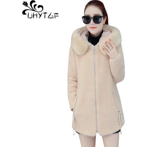 UHYTGF New mink cashmere Winter woolen jacket Fashion hooded casual warm jackets High quality Gold mink cashmere wool coat 794