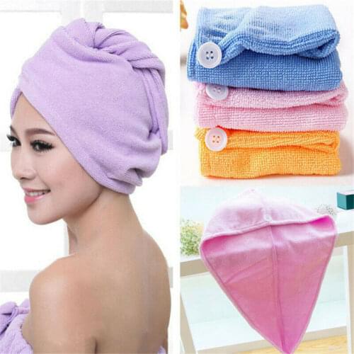 Newest Fashion Turbie Quick Drying Hair Towel Twist Wrap Loop Button Hat Cap Turban Solid Shower Bath Caps