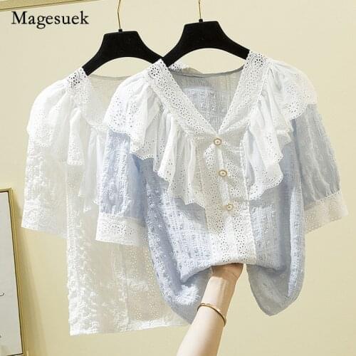 New Summer Lace V Neck Loose Ruffle Patchword Shirt 2021 Sweet Fashion Blouse Women Plus Size 4XL Short Sleeve Women Tops 14211