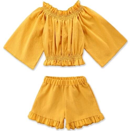 1-6 Year Girls Solid Yellow Clothes Set Girls Long Sleeve Off-Shoulder Tops + Short Pants With Ruffles Infant Girls Set