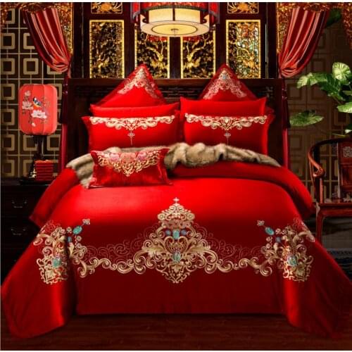 Luxury Red Embroidery Princess Bedding Set Cotton Solid Chinese Style Wedding Duvet/Quilt Cover Bed sheet Linen Home Textile