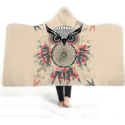 Free shipping Christmas Gift Ethnic Dreamcatcher Owl Pattern Winter Sherpa Fleece Hooded Blanket Cloak Camping Sofa Office Throw