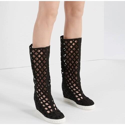 Summer genuine leather height increasing hidden heel cowboy Boots platform knee high sexy Hollow out shoes woman botas wedges