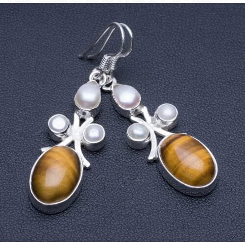 Natural Tiger Eye and River Pearl Unique Punk Style 925 Sterling Silver Earrings 2" P1710