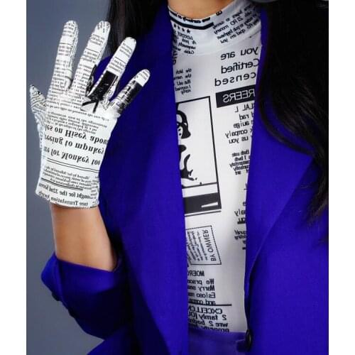 Womens runway fashion sexy slim newspaper print pu leather glove ladys club performance leather short glove 21cm R2744