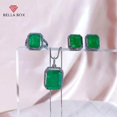 Bella Box Emerald Jewelry Set For Women 925 Sterling Silver 9*11mm Earrings Rings 12*16mm Necklace Rectangle Anniversary Jewelry