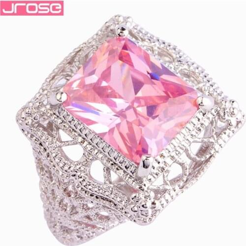 JROSE Hot Sale Solitaire Style Wedding Pink CZ Silver Color Ring Size 6 7 8 9 10 11 For Women Engagement Jewelry Fashion Gifts