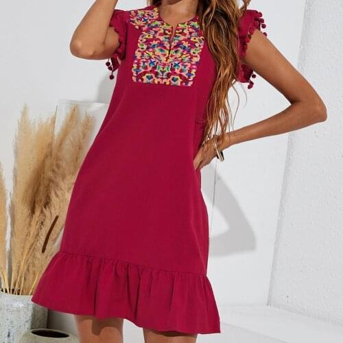 Women Vintage Mini Dress Floral Embroidery V Neck Sleeveless Print Ruffle Hem Tunic Dress Summer Ladies A-Line Vestidos