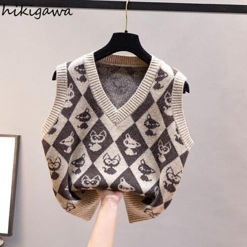 Hikigawa Vest Women Clothes Cat Kawaii V Neck Y2k Vintage Sweaters Sleeveless Oversize Crop Tops for Female Korean Fashion Vests
