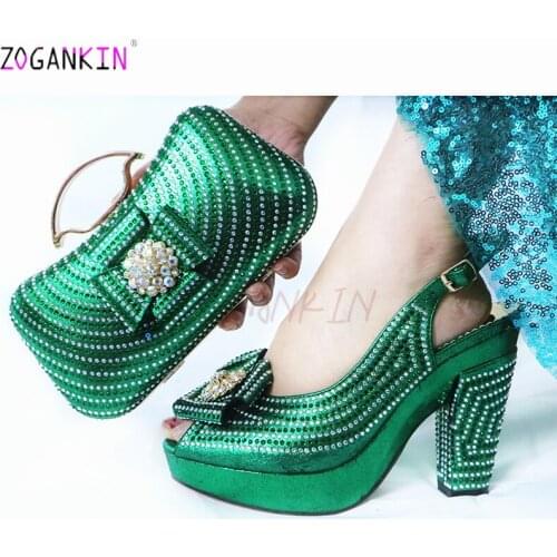 Mature Special Design Green Color Shoes And Bag To Match Set African High Heels Party Shoes And Bag Set For Wedding Dress