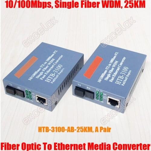 1 Pair 25KM 10/100Mbps Base-TX to FX Single Mode WDM Fiber Optic Ethernet Media Converter SC to RJ45 Port Transmitter & Receiver