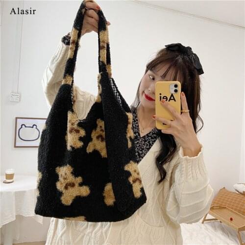 Alasir Fall and Winter Plush Bear Dual-use Women Shoulder Bag Japan and South Korea Ins Large Capacity Student Shopping Bag