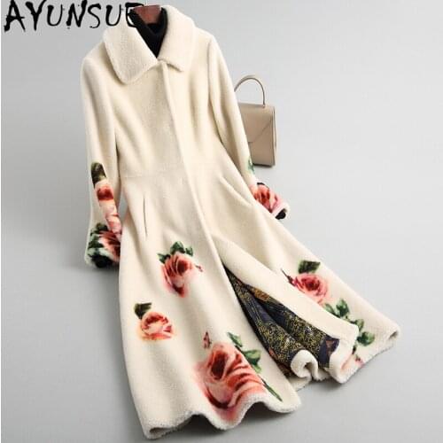 AYUNSUE 2020 Real Fur Coat Female Winter Jacket Long 100% Wool Fur Coats and Jackets Women Korean Floral Overcoat HQ18-OX009C