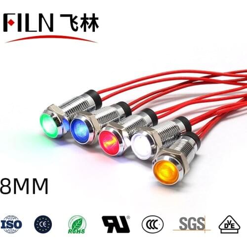 FILN Metal flat head 8mm 12v 24v 220v 110v equipment pilot lights Hot sale led indicator light with wire