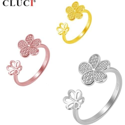 CLUCI 925 Sterling Silver Adjustable Flower Rings for Women Wedding Jewelry Silver 925 Pearl Ring Mounting Gift Zircon SR2110SB