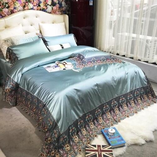 Noble Blue 120S Egyptian cotton Tencel Luxury Lace Bedding sets Queen King Silky Royal Duvet cover Bed sheet set Pillowcase 4pcs