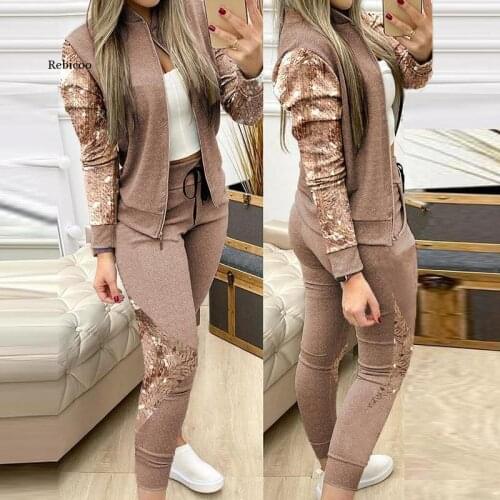 Autumn Winter Two Piece Outfits for Women Fashion Sequins Zipper Coat Tops Drawstring Pants Set Casual Tracksuit Sweat Suits