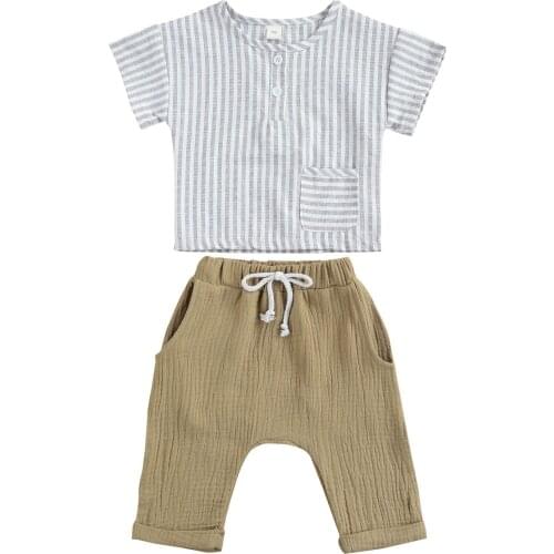 Summer Casual Kids Baby Boy Cotton Linen Outfits Striped Short Sleeves T-shirts+Lace-up Shorts 2Pieces Baby Boy Sets 0-3Y