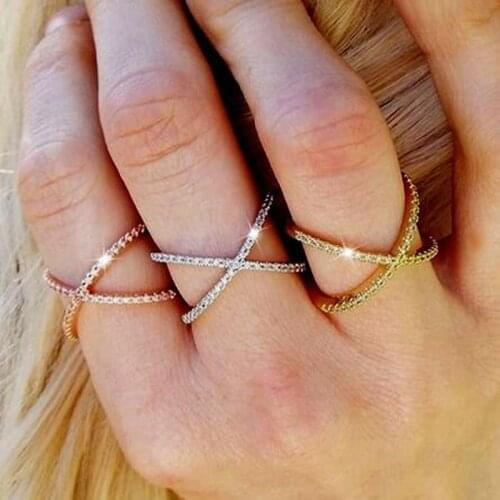 Handmade Trendy X Shape Cross Wedding Rings Rose Yellow Gold Silver Color Micro Paved Crystal Rings For Women Jewelry