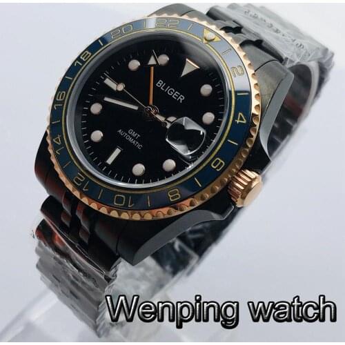 40mm Bliger Mens Top Brand Black PVD Case Sapphire Glass Ceramic Bezel Black Dial Mens Luxury Automatic Mechanical Watch