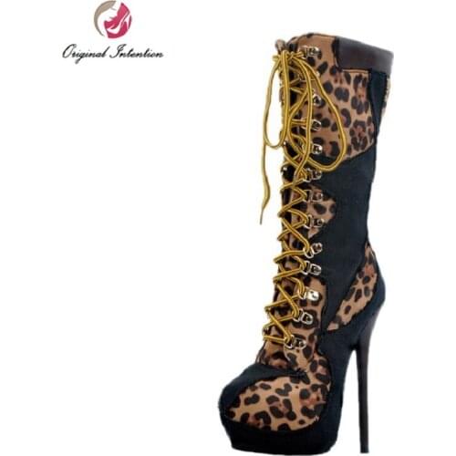 Original Intention Super Sexy Women Mid-Calf Boots Round Toe Thin Heels Boots Beautiful Leopard Shoes Woman Plus US Size 4-15