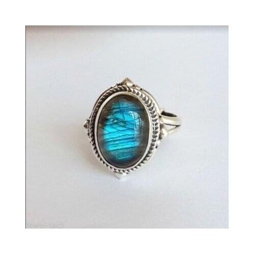 Silver Plated Blue Stone Rings for Women Bohemia Wedding Engagement Jewelry Oval Moonstone Finger Ring Vintage Ladies Gift