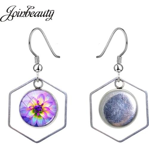 JOINBEAUTY Colour Flower Polygon Drop Earrings For Women Girl Jewelry Glass Pendant Charm Hollow Minimalist Dangle Earrings C306