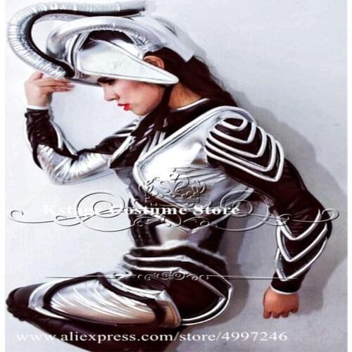 RE14 Singer stage show dress bar silver mirror costumes disco wears armor robot suit dj dance clothing perform ds headwear show