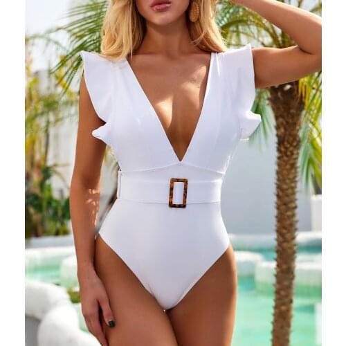 Sexy Ruffles Womens Swimsuit with Belt Solid Color V-neck Swimwear Bodysuit Push Up Padded Ladies Monkini Summer Bathing Suit