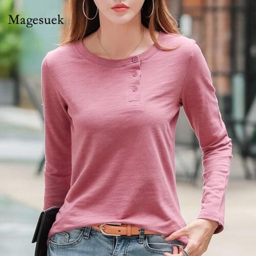 2021 Korean Long Sleeve Casual Bottoming Shirt for Women Spring O Neck Cotton T-shirt Female Wild Button Slim Loose Tshirt 12986