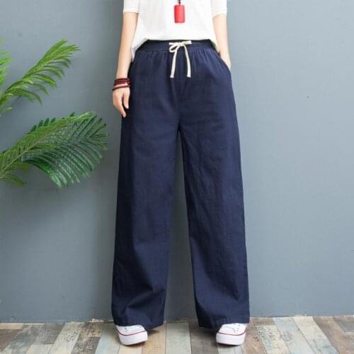 Womens wide leg trousers Pants Casual Cotton Linen wide leg Solid Elastic waist Candy Colors loose Trousers Soft Plus size M-3XL