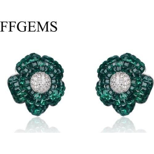 FFGems New Design 925 Silver Drop Big Earring Flower Created Nano Ruby Emerald Invisible Fine Jewelry Women Wedding Party Gift