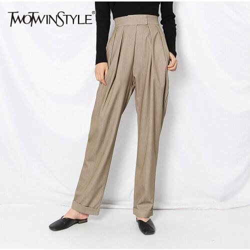 TWOTWINSTYLE Loose Ruched Black Pants For Women High Waist Pocket Full Length Casual Wide Leg Pants Female 2020 Fashion New