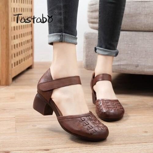 Tastabo Manual-Genuine Leather Womens shoes High heel Casual-comfortable wind Brown Black S2613 Weave pattern upper Round head