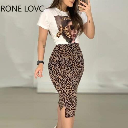 Women Short Sleeve Print Top & Leopard Slit Skirt Set Casual 2 Pieces Set