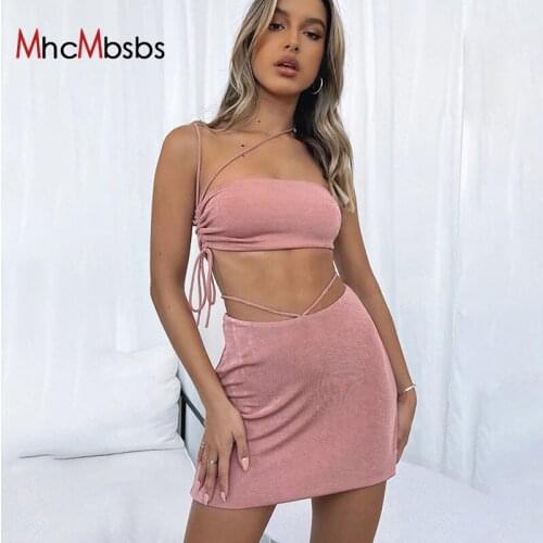 Women Sexy Two Piece Clothes Set Solid Color Halter Neck Corset Crop Tops and Bandage Lace Up Wrap Hip Mini Skirt 2021 Summer