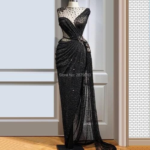 Islamic Black Round Neck Evening Dress Mermaid Floor-Length Beaded Robe De Soiree Aibye Prom Dress вечернее платье Saudi Arabia